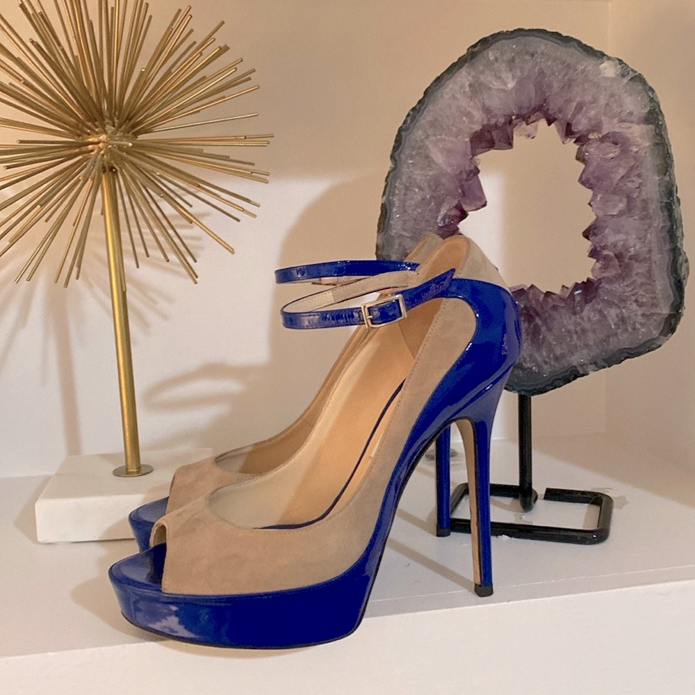 Jimmy Choo suede/patent heels in nude and blue